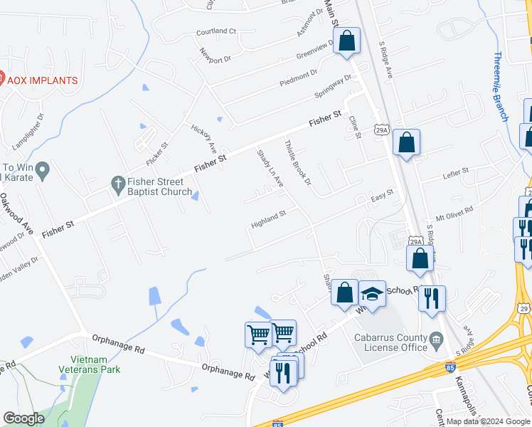 map of restaurants, bars, coffee shops, grocery stores, and more near 410 Highland Street in Concord