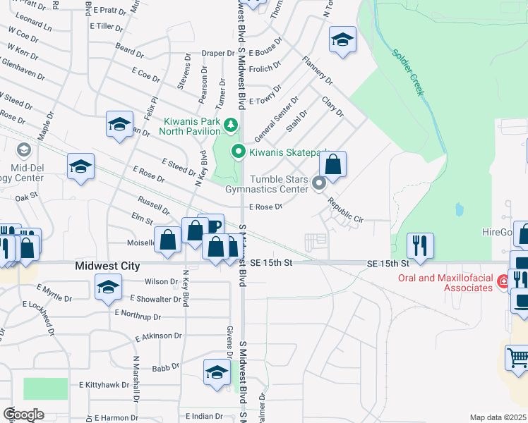 map of restaurants, bars, coffee shops, grocery stores, and more near 700 East Rose Drive in Midwest City