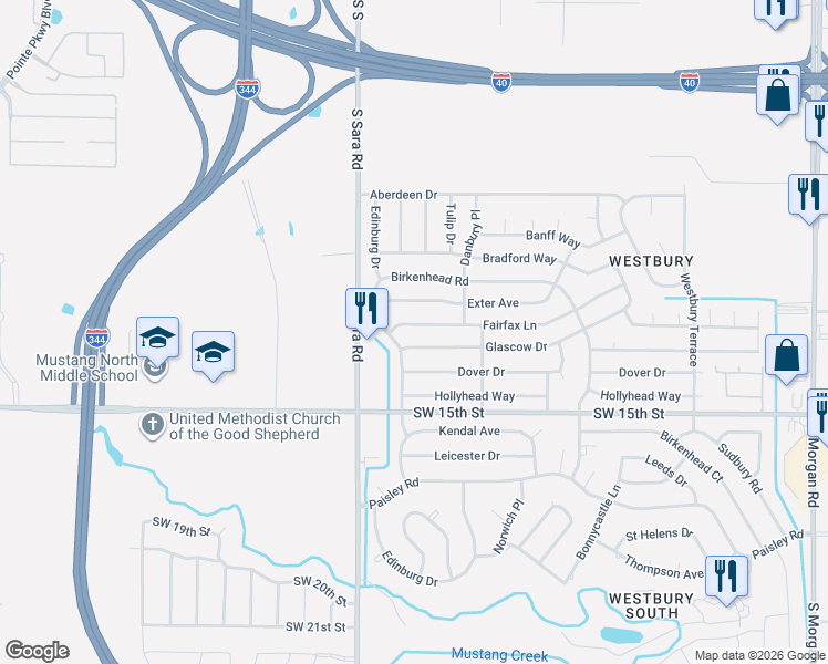 map of restaurants, bars, coffee shops, grocery stores, and more near 10421 Fairfax Lane in Yukon