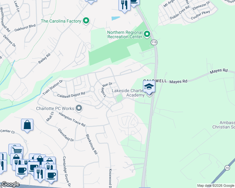 map of restaurants, bars, coffee shops, grocery stores, and more near 10446 Trolley Run Drive in Cornelius