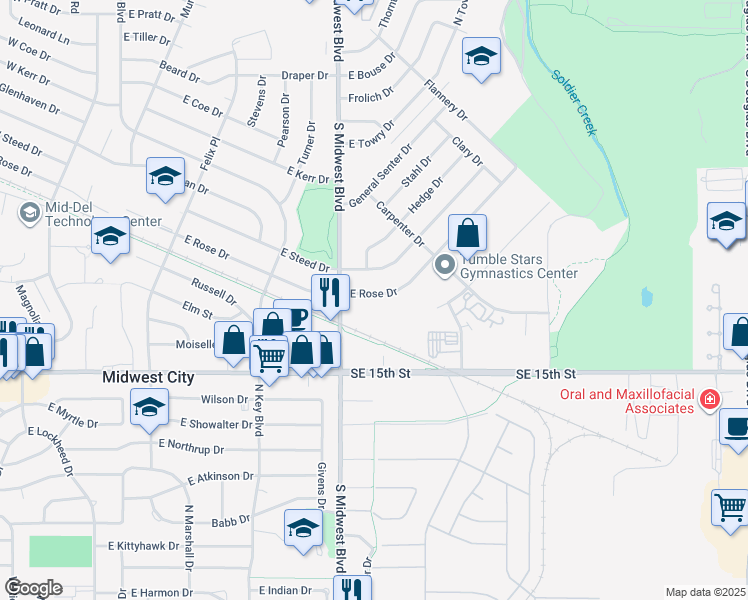 map of restaurants, bars, coffee shops, grocery stores, and more near 704 East Rose Drive in Midwest City