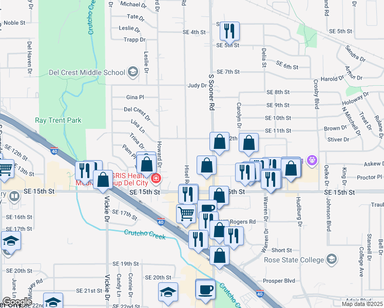map of restaurants, bars, coffee shops, grocery stores, and more near 1326 Hisel Road in Del City