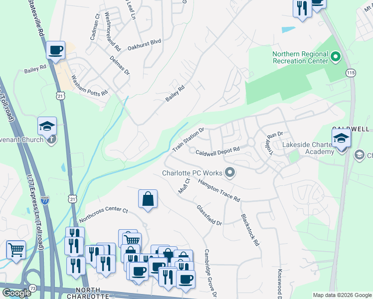 map of restaurants, bars, coffee shops, grocery stores, and more near 17930 Train Station Drive in Cornelius