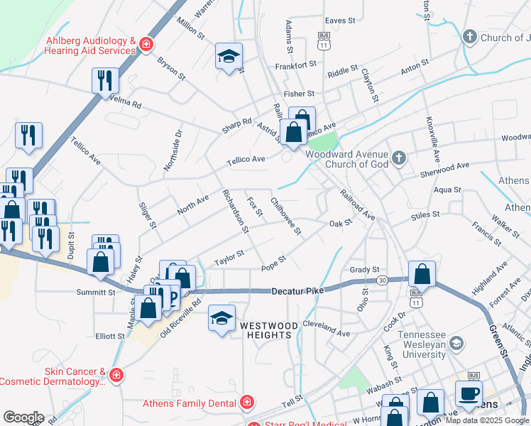 map of restaurants, bars, coffee shops, grocery stores, and more near 1409 Fox Street in Athens