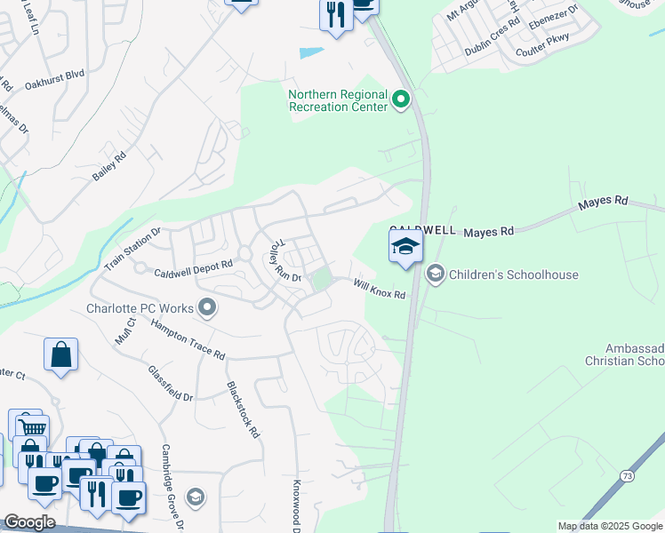 map of restaurants, bars, coffee shops, grocery stores, and more near 17672 Caldwell Track Drive in Cornelius