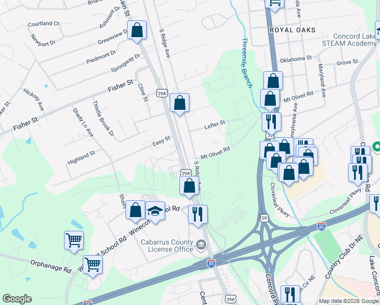 map of restaurants, bars, coffee shops, grocery stores, and more near 2819 South Main Street in Concord