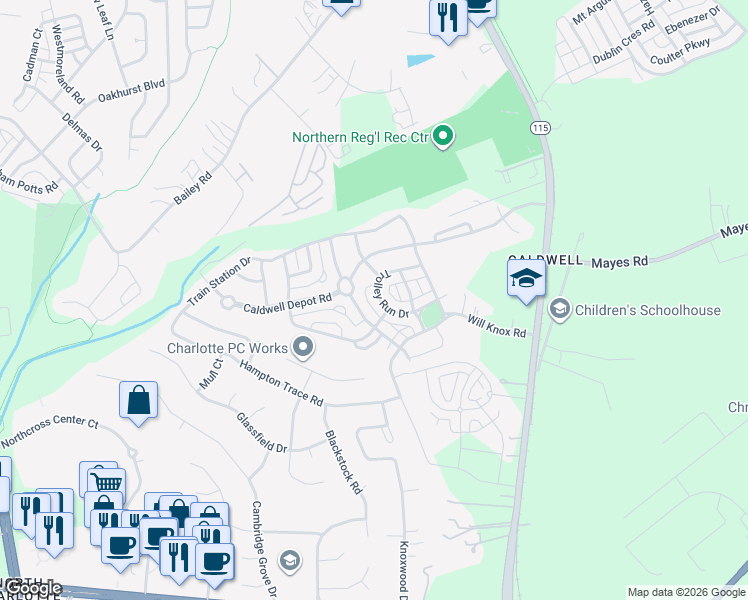 map of restaurants, bars, coffee shops, grocery stores, and more near 10644 Trolley Run Drive in Cornelius
