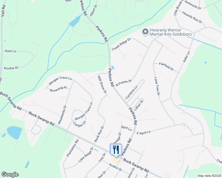 map of restaurants, bars, coffee shops, grocery stores, and more near 102 North Pointe Drive in Goldsboro
