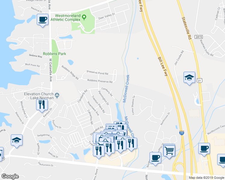 map of restaurants, bars, coffee shops, grocery stores, and more near 17318 Inglewood Lane in Huntersville
