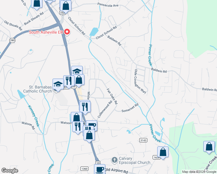 map of restaurants, bars, coffee shops, grocery stores, and more near 75 Fair Oaks Road in Arden