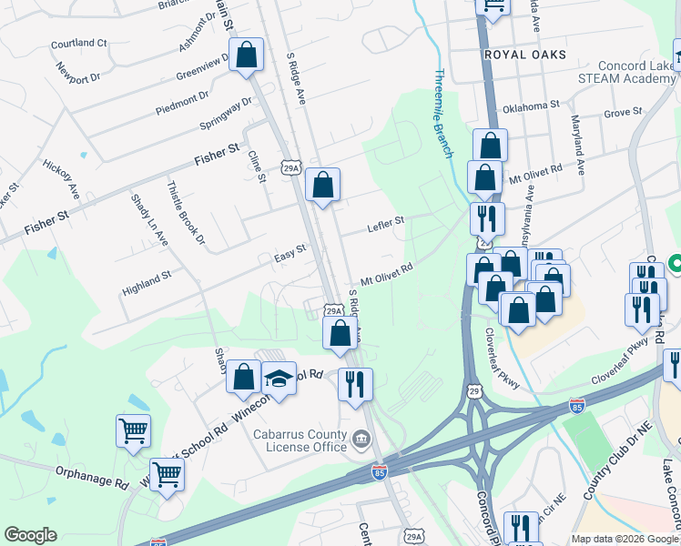map of restaurants, bars, coffee shops, grocery stores, and more near 2819 South Main Street in Concord