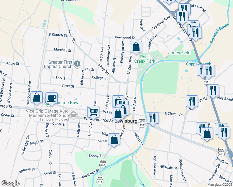 map of restaurants, bars, coffee shops, grocery stores, and more near 414 North 3rd Avenue in Lewisburg