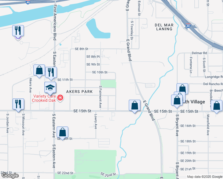 map of restaurants, bars, coffee shops, grocery stores, and more near 2508 Southeast 12th Street in Oklahoma City