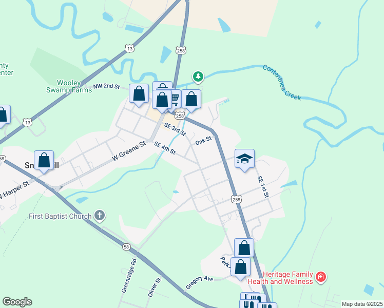 map of restaurants, bars, coffee shops, grocery stores, and more near 303 Southeast 3rd Street in Snow Hill
