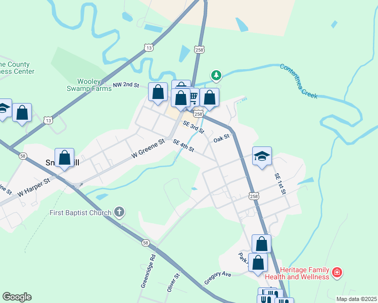 map of restaurants, bars, coffee shops, grocery stores, and more near 203 Southeast 4th Street in Snow Hill