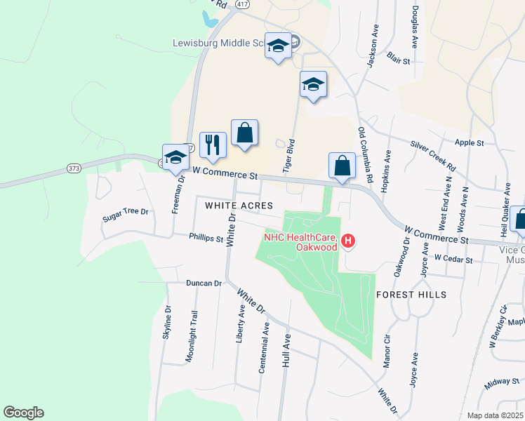 map of restaurants, bars, coffee shops, grocery stores, and more near 151 Turner Drive in Lewisburg