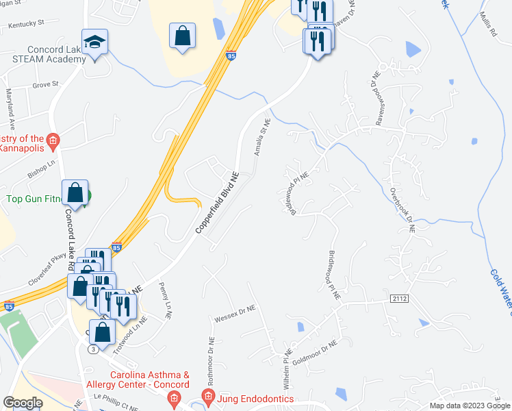 map of restaurants, bars, coffee shops, grocery stores, and more near 2576 Governors Pointe Court Northeast in Concord