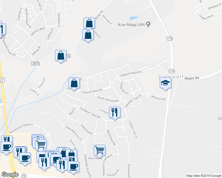 map of restaurants, bars, coffee shops, grocery stores, and more near 17360 Caldwell Rush Circle in Cornelius