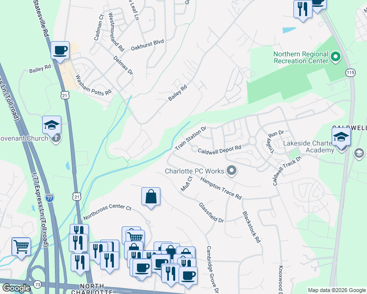map of restaurants, bars, coffee shops, grocery stores, and more near 17930 Train Station Drive in Cornelius