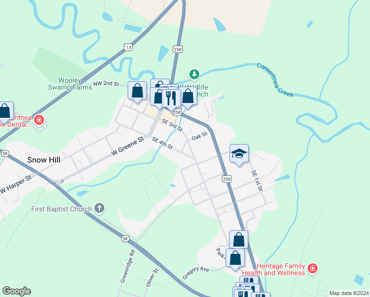 map of restaurants, bars, coffee shops, grocery stores, and more near 101 Oak Street in Snow Hill