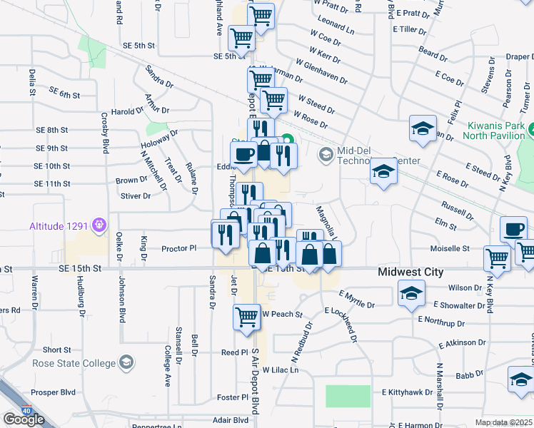 map of restaurants, bars, coffee shops, grocery stores, and more near 1212 South Air Depot Boulevard in Midwest City