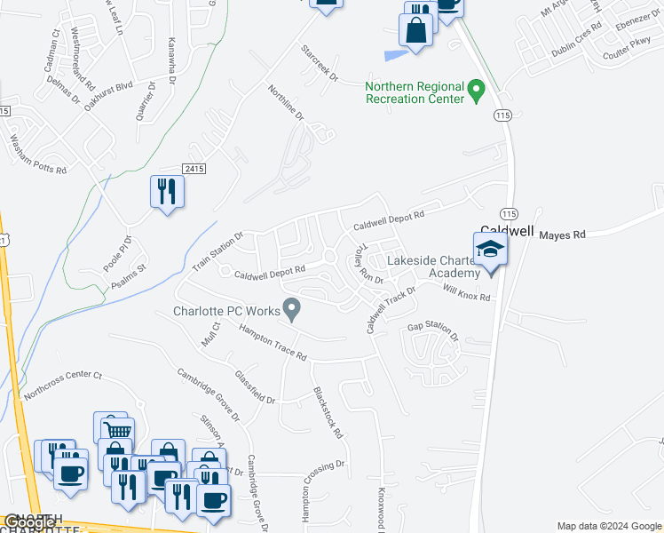 map of restaurants, bars, coffee shops, grocery stores, and more near 15439 Crossing Gate Drive in Cornelius