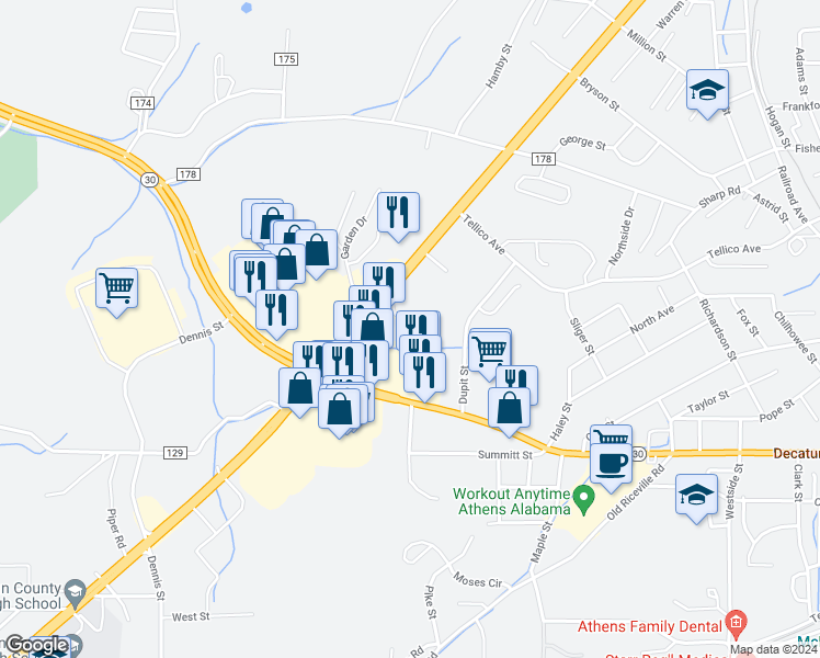 map of restaurants, bars, coffee shops, grocery stores, and more near 1564 Burnsbrooke Drive in Athens