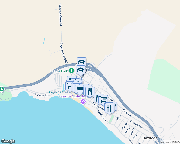 map of restaurants, bars, coffee shops, grocery stores, and more near 174 Cypress Avenue in Cayucos