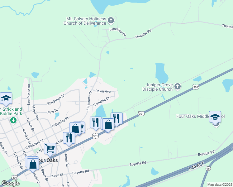 map of restaurants, bars, coffee shops, grocery stores, and more near 614 Rose Lane in Four Oaks