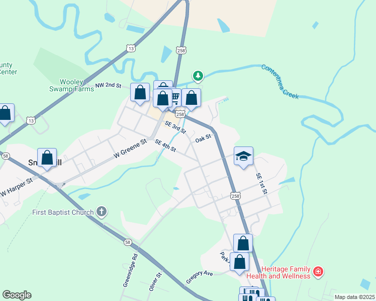 map of restaurants, bars, coffee shops, grocery stores, and more near 101 Oak Street in Snow Hill