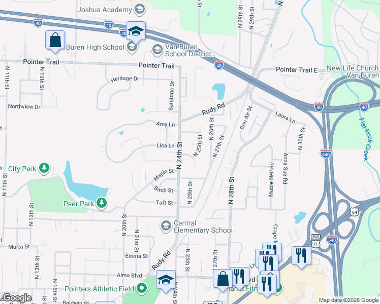 map of restaurants, bars, coffee shops, grocery stores, and more near 1305 North 25th Street in Van Buren