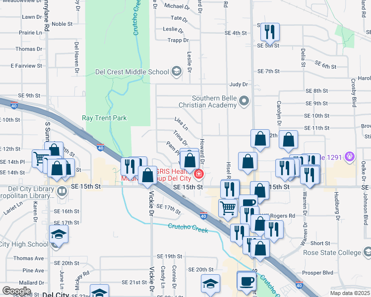 map of restaurants, bars, coffee shops, grocery stores, and more near 4816 Trina Drive in Del City