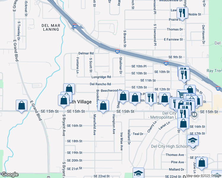 map of restaurants, bars, coffee shops, grocery stores, and more near 3237 Beechwood Drive in Del City