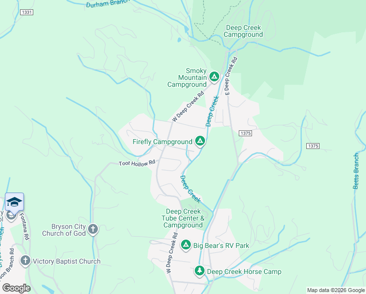 map of restaurants, bars, coffee shops, grocery stores, and more near 85 Ashe Lane in Bryson City