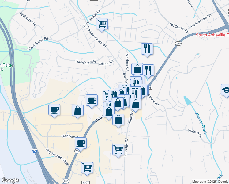 map of restaurants, bars, coffee shops, grocery stores, and more near 39 Bradley Branch Road in Arden