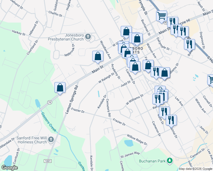 map of restaurants, bars, coffee shops, grocery stores, and more near 2621 Cemetery Road in Sanford