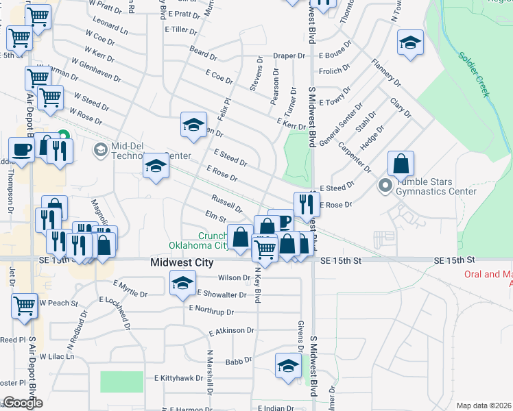 map of restaurants, bars, coffee shops, grocery stores, and more near 1511 North key Boulevard in Midwest City