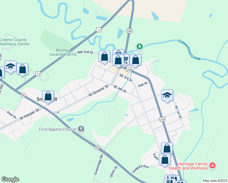 map of restaurants, bars, coffee shops, grocery stores, and more near 109 Southeast 4th Street in Snow Hill