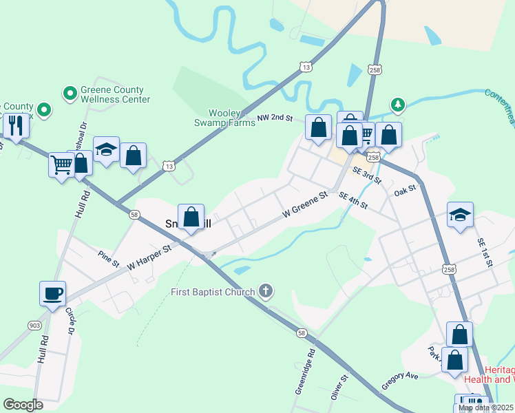 map of restaurants, bars, coffee shops, grocery stores, and more near 212 West Harper Street in Snow Hill