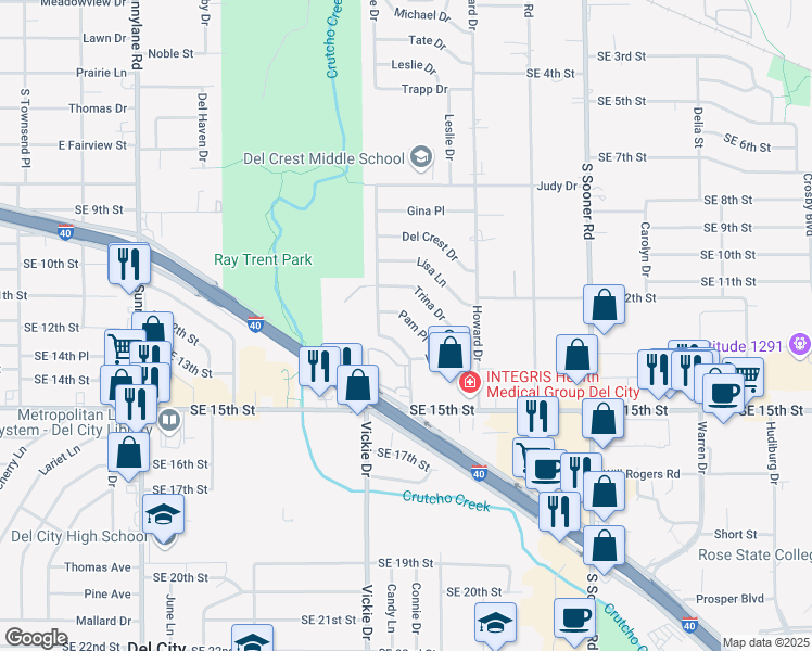 map of restaurants, bars, coffee shops, grocery stores, and more near 4720 Pam Place in Del City