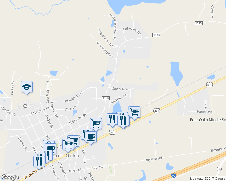 map of restaurants, bars, coffee shops, grocery stores, and more near 30 Dawn Avenue in Four Oaks