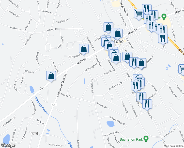 map of restaurants, bars, coffee shops, grocery stores, and more near 2621 Cemetery Road in Sanford