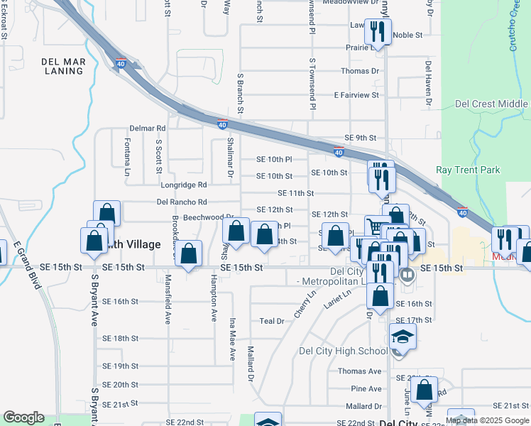 map of restaurants, bars, coffee shops, grocery stores, and more near 3912 Southeast 12th Street in Del City