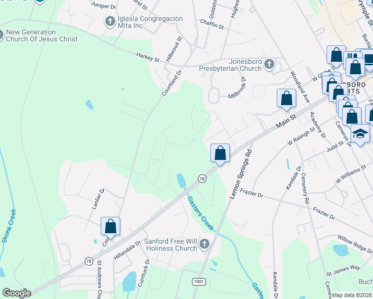 map of restaurants, bars, coffee shops, grocery stores, and more near 1100 Tramway Road in Sanford