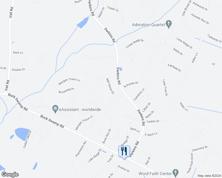 map of restaurants, bars, coffee shops, grocery stores, and more near Mill Stone Drive in Goldsboro