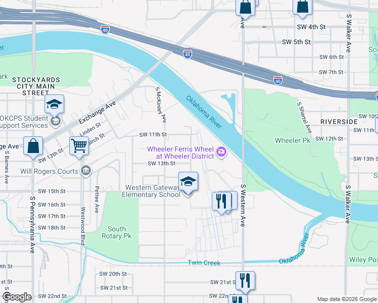 map of restaurants, bars, coffee shops, grocery stores, and more near 1300 Southwest 12th Street in Oklahoma City