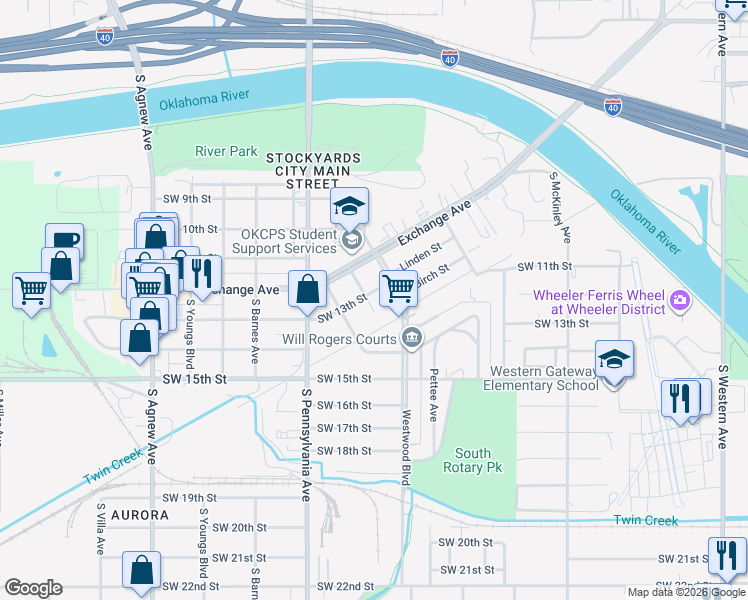 map of restaurants, bars, coffee shops, grocery stores, and more near 1404 South Daugherty Avenue in Oklahoma City