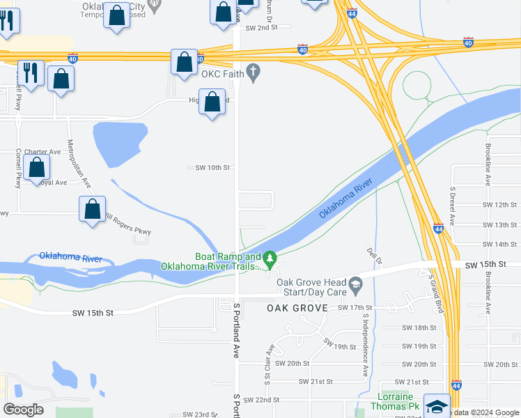 map of restaurants, bars, coffee shops, grocery stores, and more near 3605 Southwest 12th Street in Oklahoma City