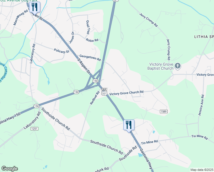map of restaurants, bars, coffee shops, grocery stores, and more near Redneck Ridge in Gaston County