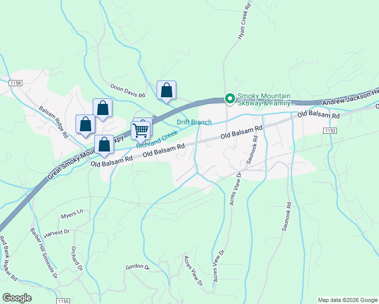 map of restaurants, bars, coffee shops, grocery stores, and more near 32 Ashridge Drive in Waynesville